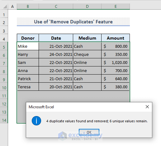 Use ‘Remove Duplicates’ Tool in Excel Spreadsheet