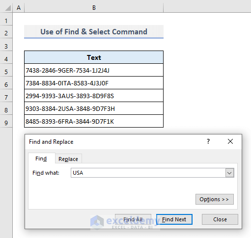 Use of Find & Select Command to Search for Text in Any Range