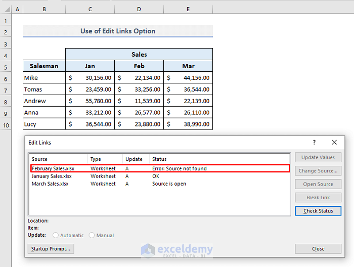 Use Edit Links Command to Find and Fix Broken Links in Excel