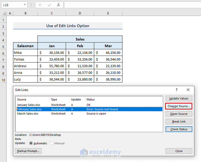 Use Edit Links Command to Find and Fix Broken Links in Excel