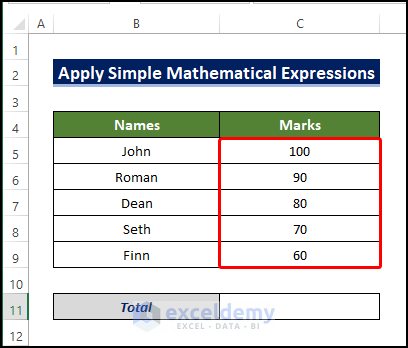 Apply Simple Mathematical Expressions to add rows in excel with formula