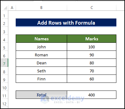 how to add rows in excel with formula