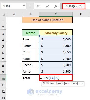 Insert SUM Function to Add Specific Cells in Excel