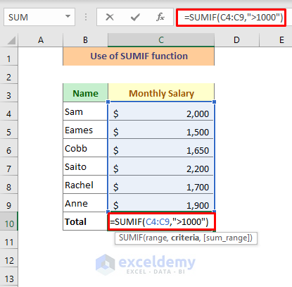 Apply SUMIF Function to Add Cells with Condition.