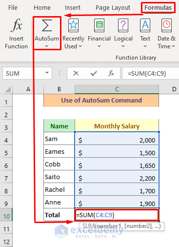 Use AutoSum command to Add Cells In Excel.
