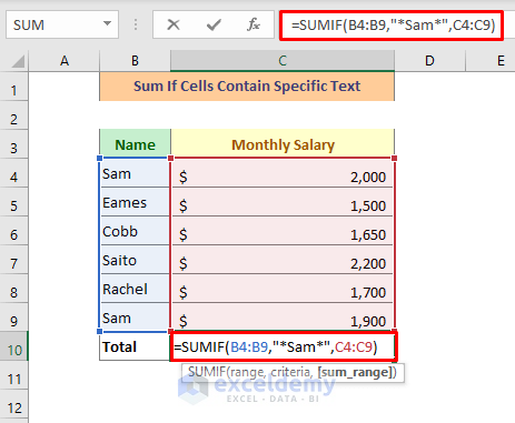 Sum If Cells Contain Specific Text in Excel.