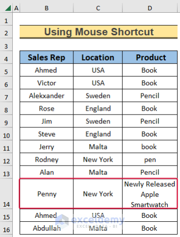 using mouse shortcut to show how to change row height in excel