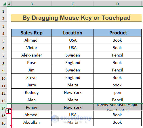 by dragging mouse key or touchpad to show how to change row height in excel
