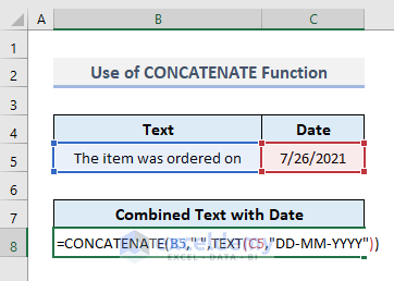 Use of CONCATENATE or CONCAT Function to Combine Date and Text in Excel