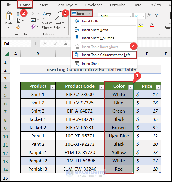 navigating to Insert option for formatted table