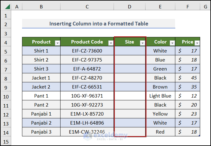 inserting a new column into formatted table in Excel