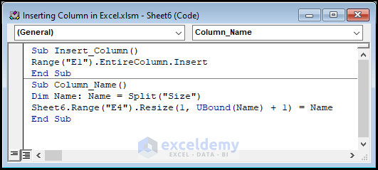 VBA codes to insert column with heading