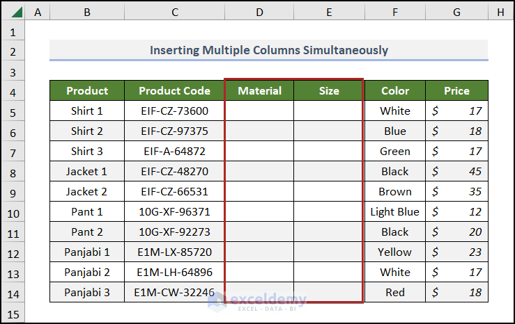Inserting Multiple columns in Excel