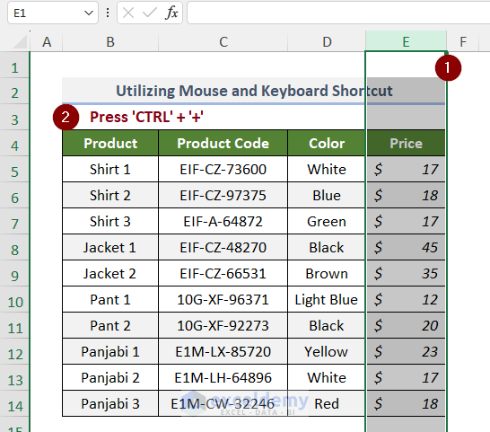 selecting column before applying keyboard shortcut