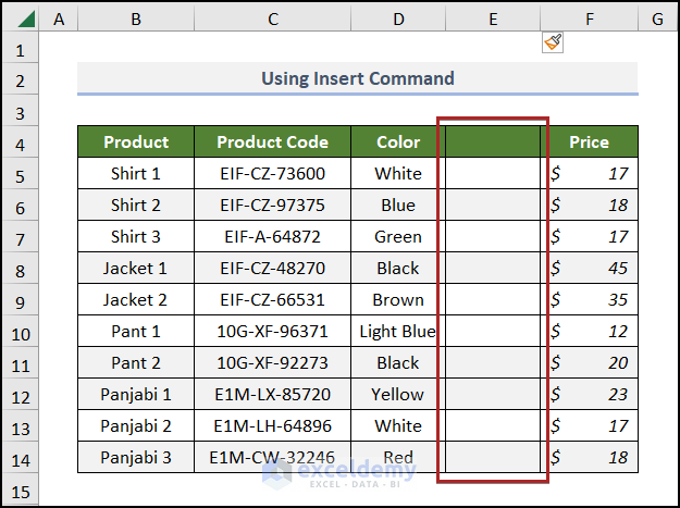adding a column using the Insert command the Ribbon in Excel