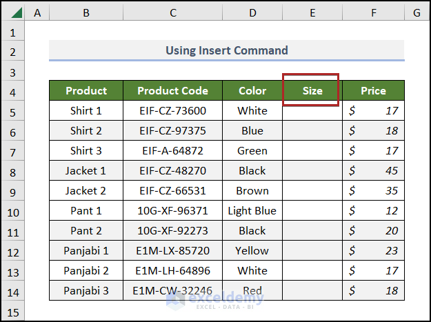Using Insert Command to insert a column in Excel