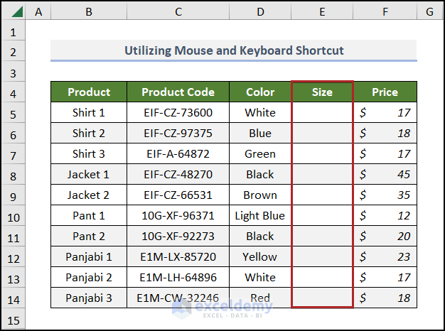 Utilizing Mouse and Keyboard Shortcut to insert column in Excel