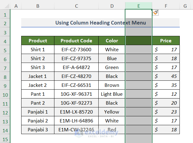 using column heading context menu to insert a column in Excel