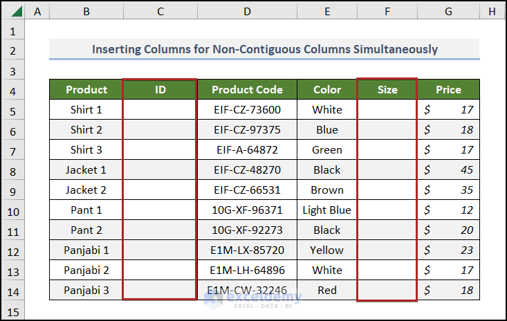 Selecting columns to insert column in Excel