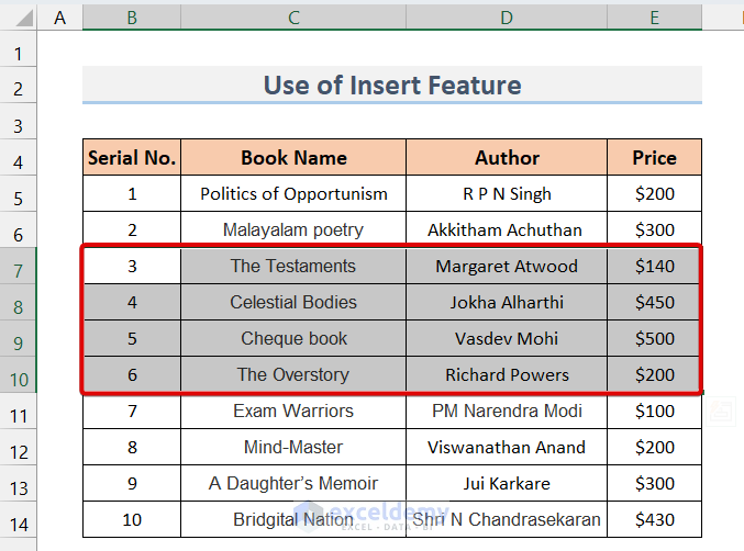 Use of Insert Feature to Insert Multiple Rows in Excel