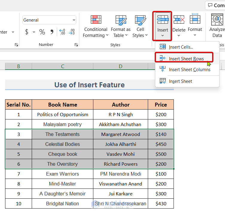 Use of Insert Feature to Insert Multiple Rows in Excel