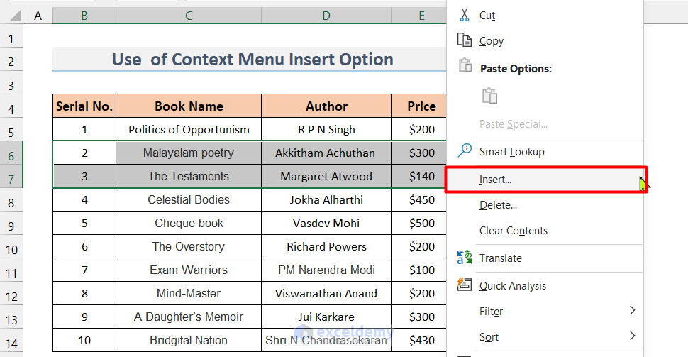 Utilizing Context Menu Insert Option to Insert Multiple Rows in Excel