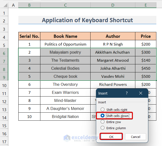 Applying Keyboard Shortcut to Insert Multiple Rows in Excel