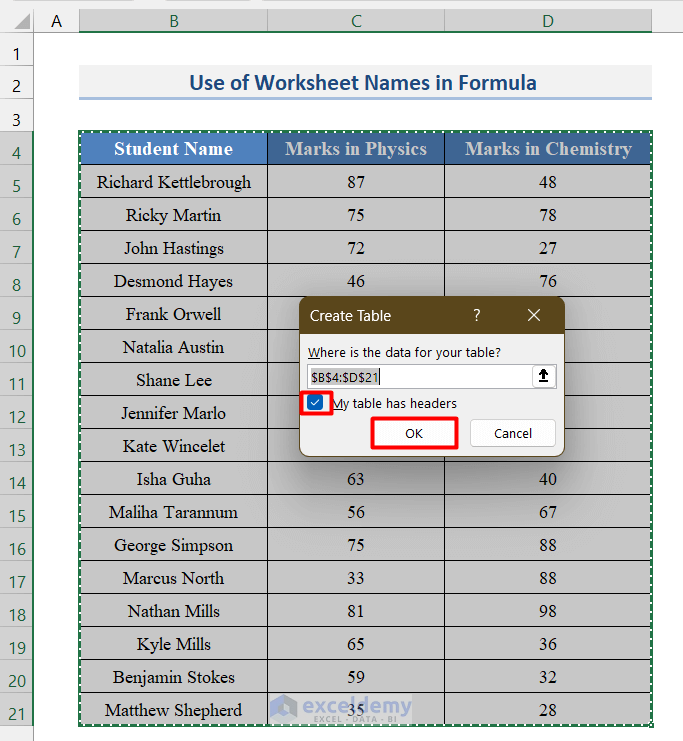 Use of Worksheet Names in Formula to Link Table