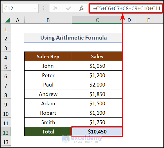 Use Arithmetic Formula to sum a column in Excel