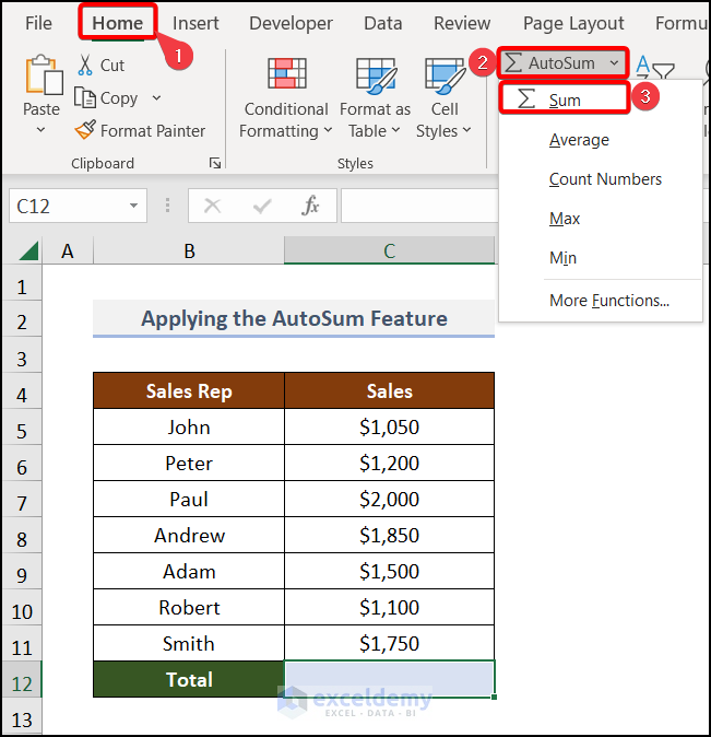 Apply the AutoSum Feature to sum a column in Excel