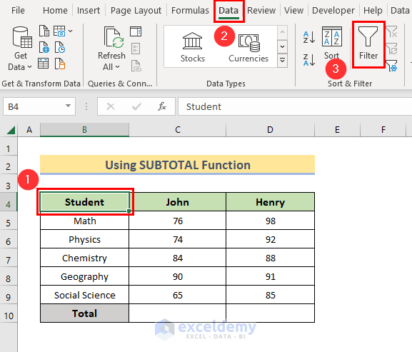 Sum Filtered Rows Using SUBTOTAL Function in Excel