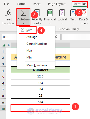 Apply AutoSum Feature to Sum Rows