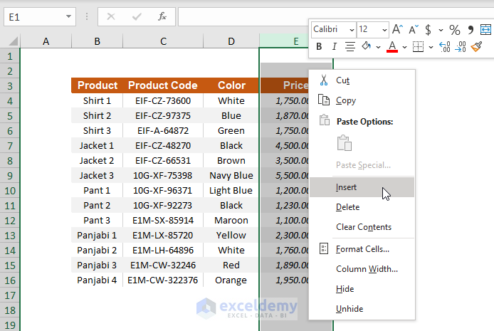 shortcut method to insert column in Excel