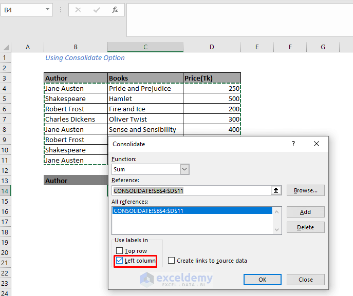 Dialog box of consolidate option