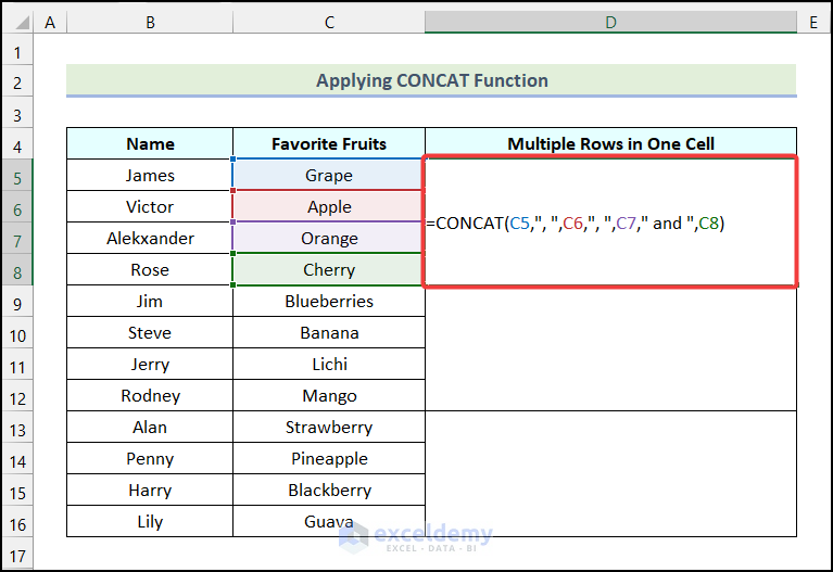 Applying CONCAT Function to combine multiple rows in one cell in Excel