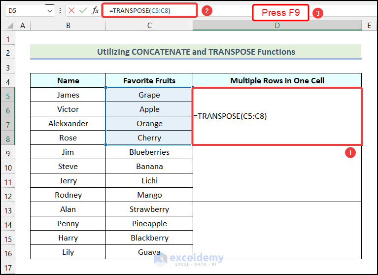 Utilizing CONCATENATE and TRANSPOSE Functions to combine multiple rows in one cell in Excel