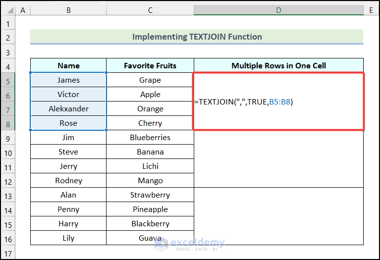 Implementing TEXTJOIN Function to combine multiple rows in one cell in Excel