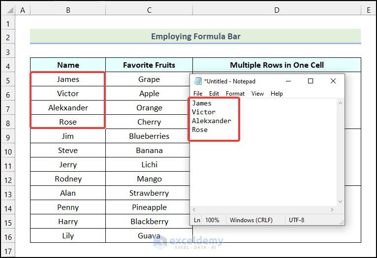 Employing Formula Bar to combine multiple rows in one cell in Excel