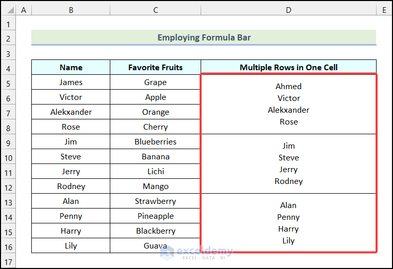 Final output of method 5 to combine multiple rows in one cell in Excel