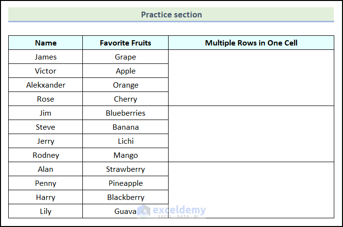 practice section to combine multiple rows in one cell in Excel
