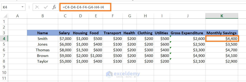 subtract numbers among multiple columns in excel