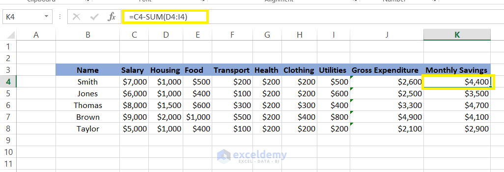 subtraction among multiple columns in excel using sum