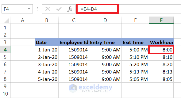 subtract time between two columns in excel