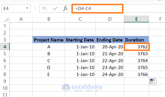 subtract dates between two columns in excel