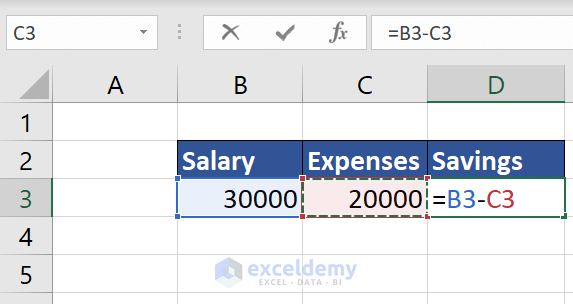 Subtraction formula in excel using cell reference