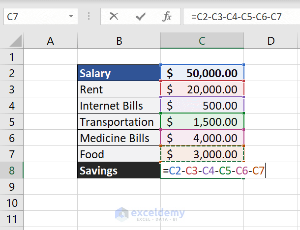 subtract formula in excel for salary
