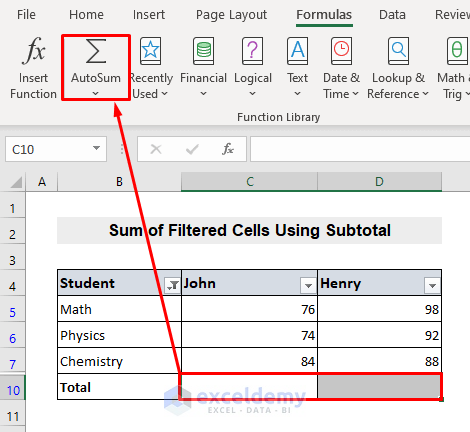 Sum Rows for Filtered Cells with Subtotal in Excel