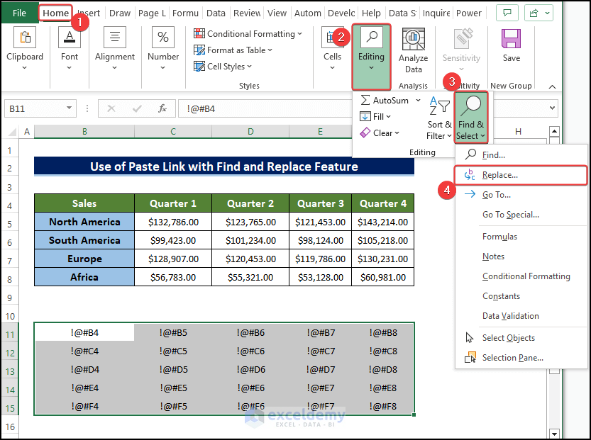 apply Find and Replace to transposed data table in Excel