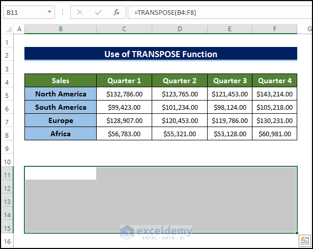 Function applied to transpose data in Excel
