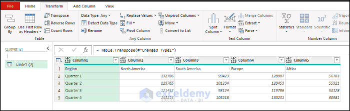 Data Table transposed in Power Query Editor in Excel